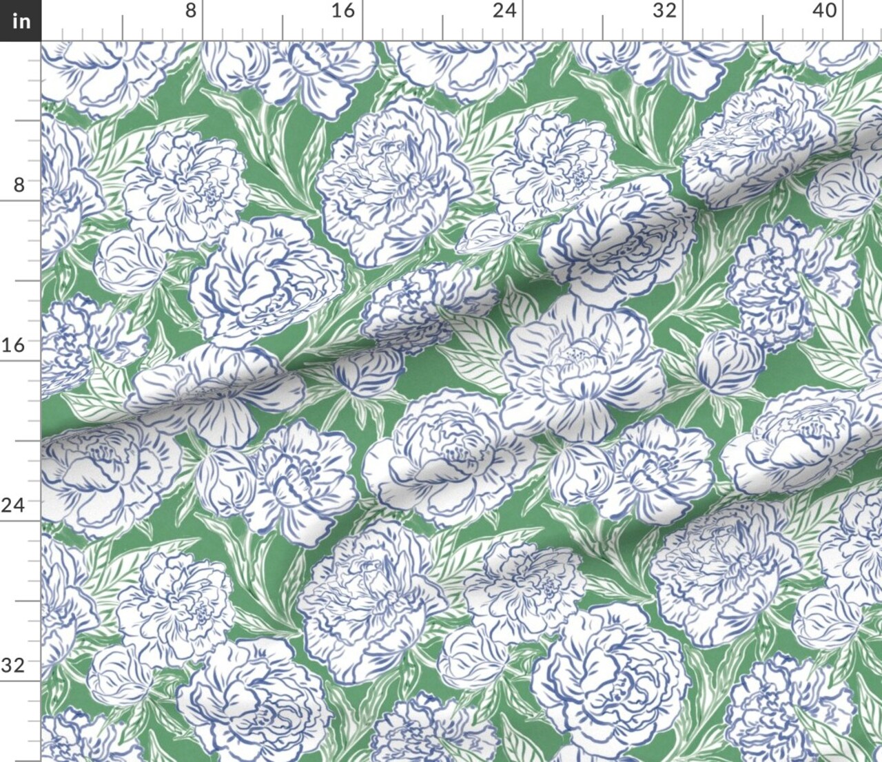 Blue Preppy Floral Peony Flowers Green Botanical Modern Lines Garden Spring Grandmillennial Custom Printed Fabric by Spoonflower Various Fabrics by the Yard or Fat Quarter
